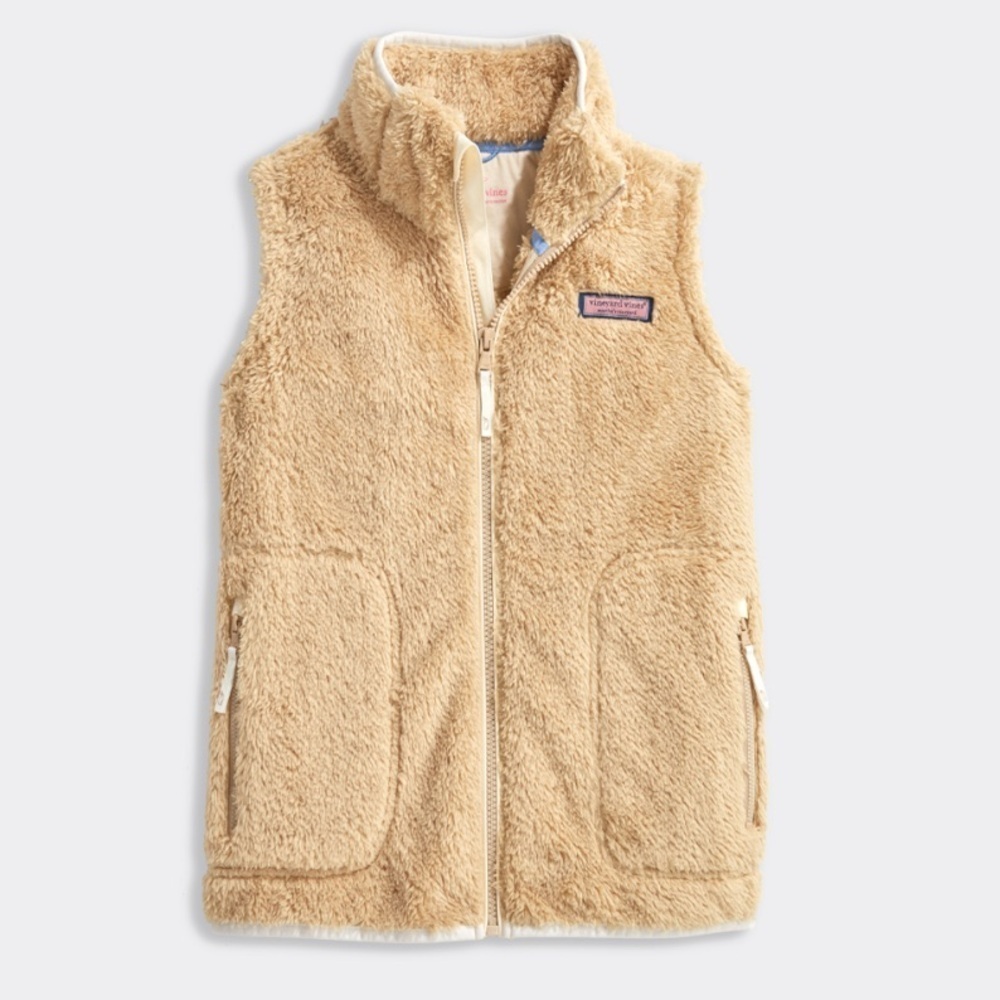 Vineyard Vines Girls Stillwater Fuzzy Sherpa Vest Full Zip Warm Pockets Camel 14